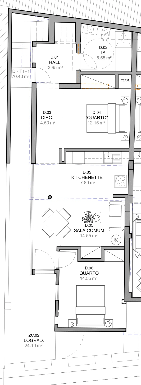 Zona da Kitnet K1 · T2 na planta das telas finais