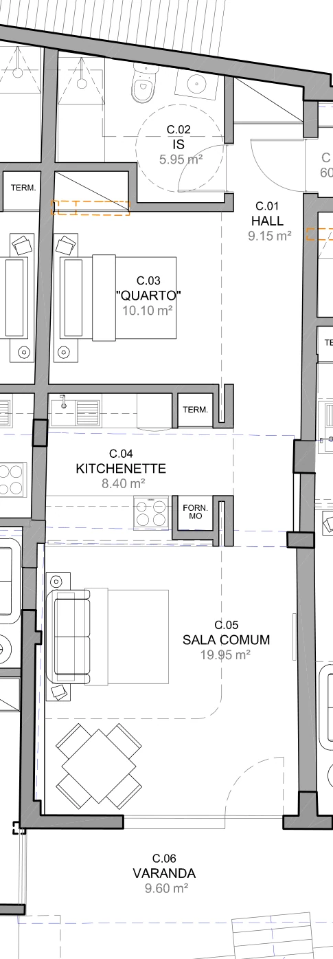 Zona da Kitnet K2 · T1 na planta das telas finais