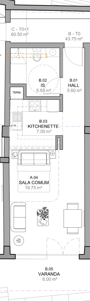 Zona da Kitnet K3 · T1 na planta das telas finais