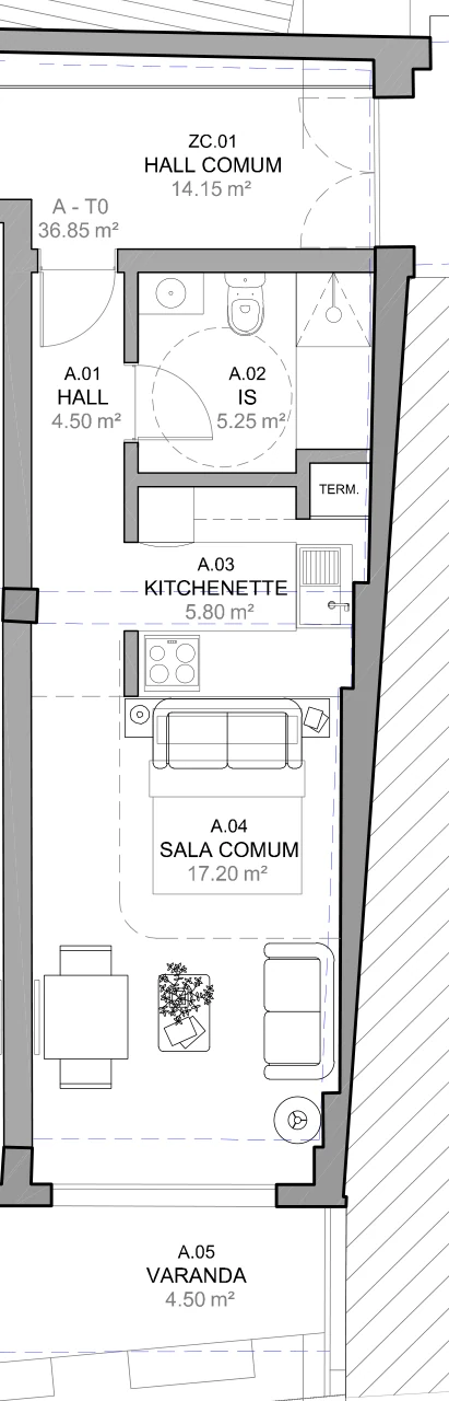 Zona da Kitnet K4 · T1 na planta das telas finais